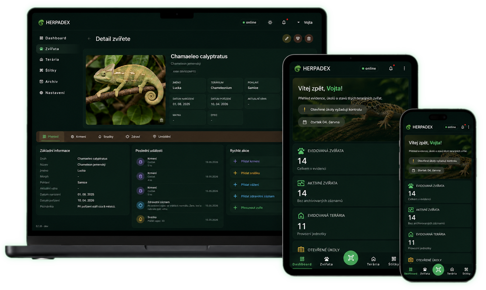 Aplikace Herpadex na desktopu, tabletu a mobilu